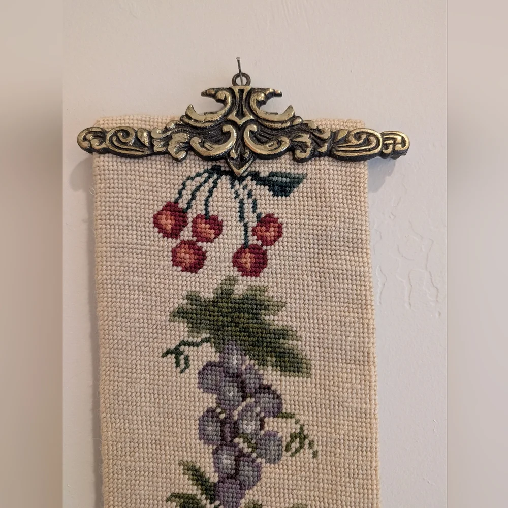 Needlepoint Tapestry Wall Hanging Vintage Fruit Garland Traditional